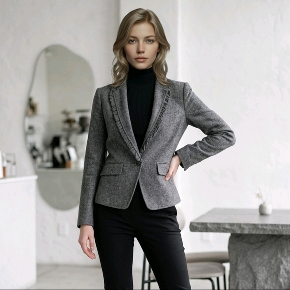 Banana Republic Wool Tweed Herringbone Ruffle Collar Blazer Gray Suit Jacket 0 - Picture 16 of 16
